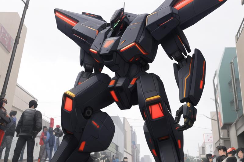 [crowd running from a real life mech suit mecha in japan streets, proper proportions, copy paste, vibrant colors, priority...